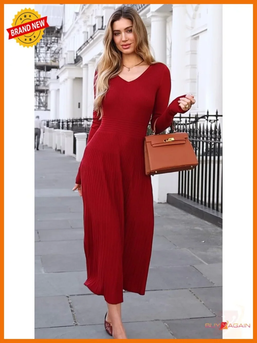 V Neck Pleated Midi Sweater Dress Long Sleeve Knit A Line Fall